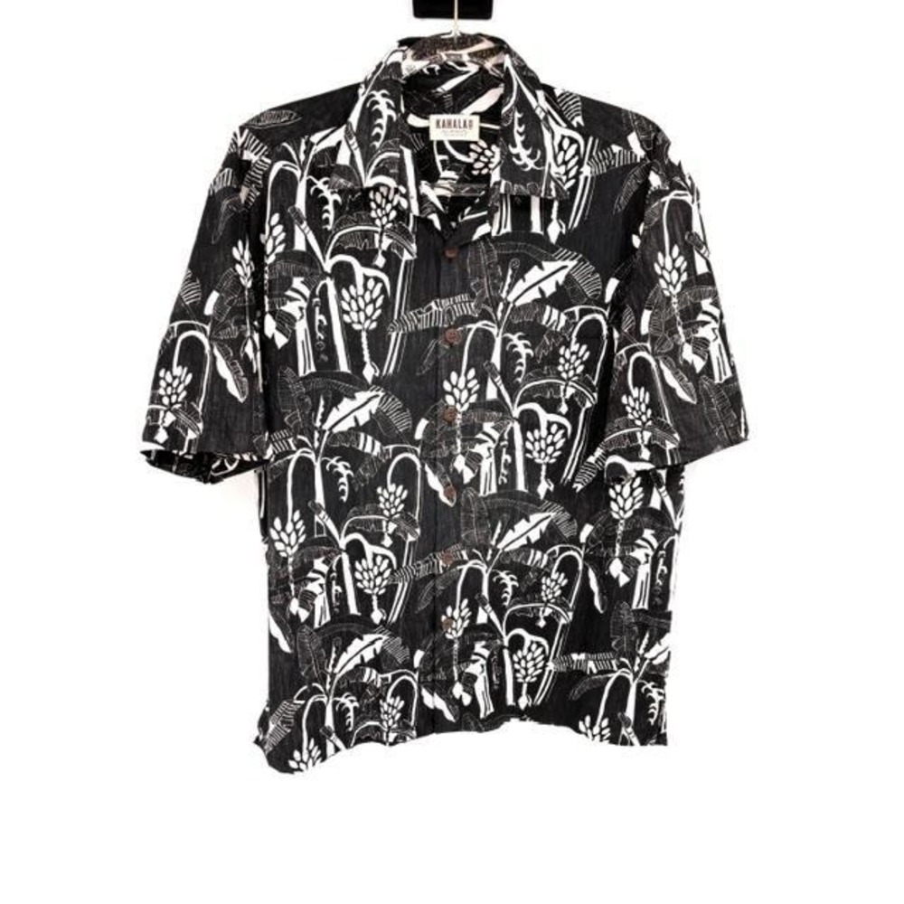 Kahala Aloha Hawaiian Shirt Black White Tropical Banana Tree 100% Cotton